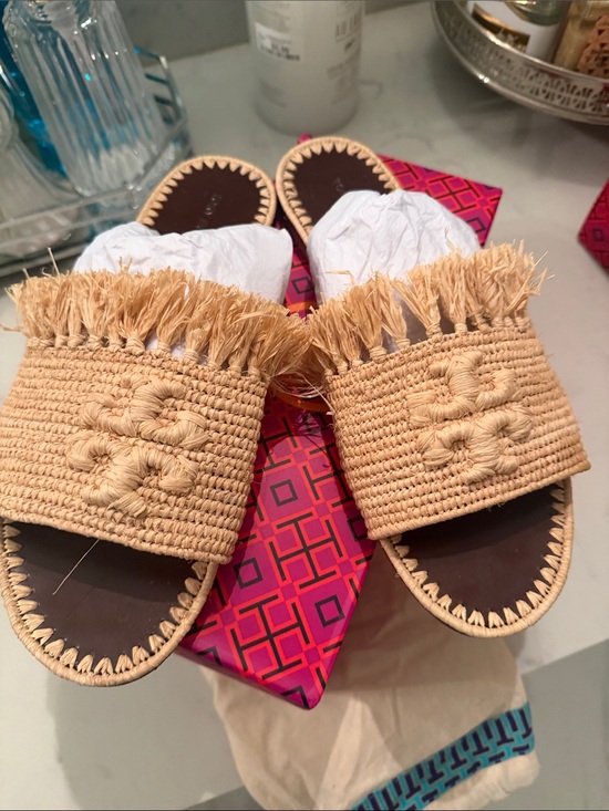 Tory Burch Shoes - Tory Burch Natural Raffia Fringe Slide Sandals